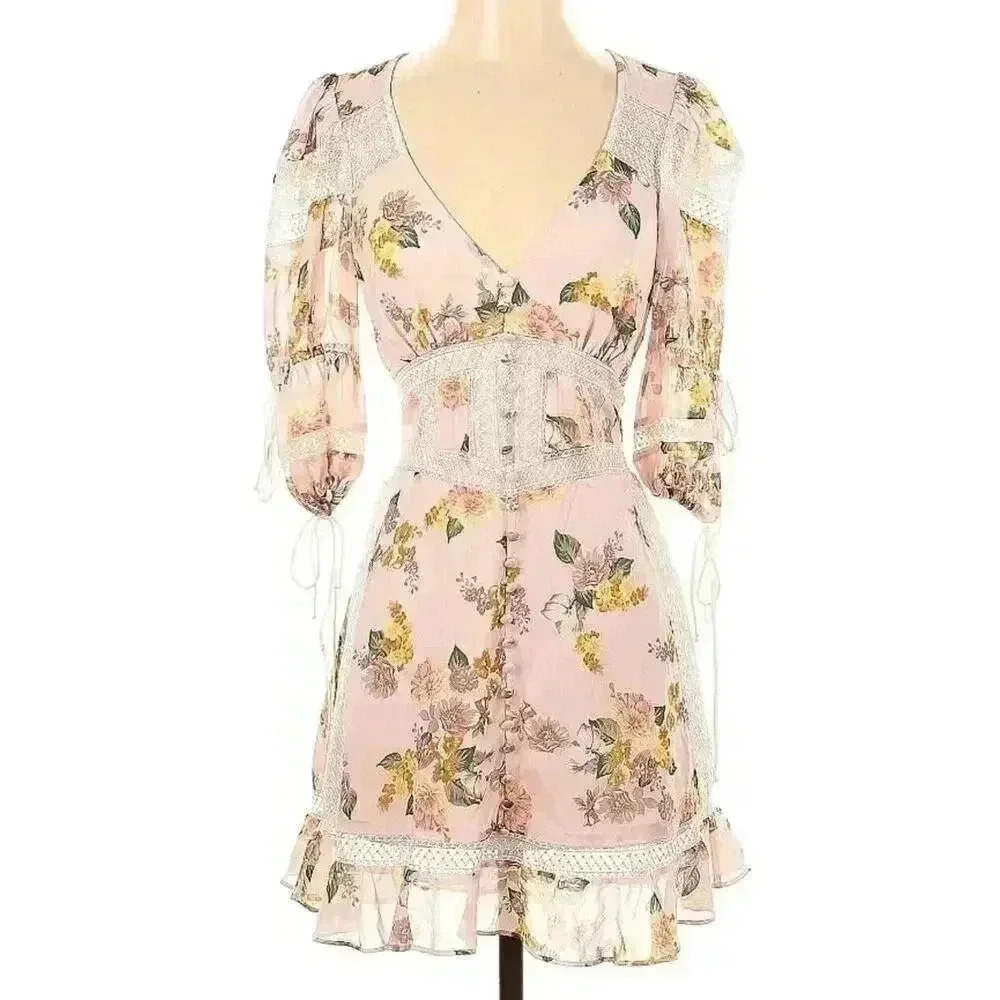 FOR LOVE & LEMONS Isadora Mini Dress Silk Lace Ruffle XS $334 - Picture 8 of 9
